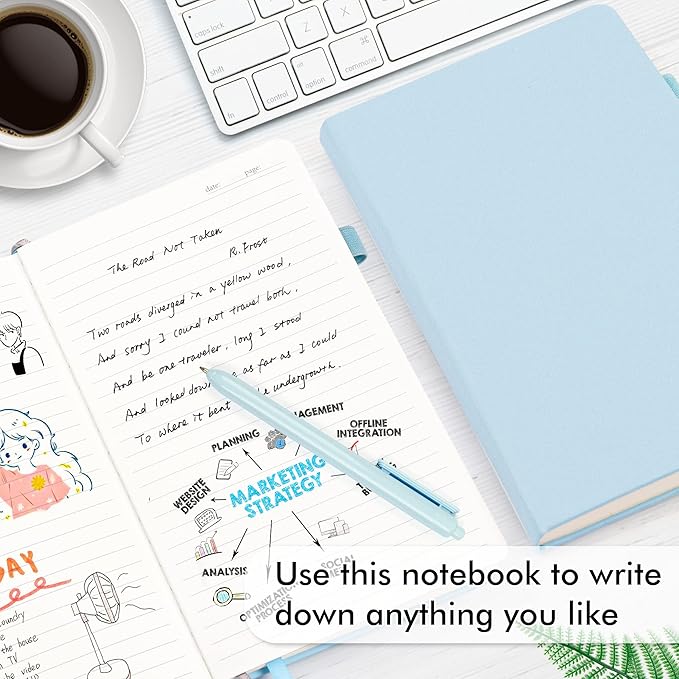 feela 24 Pack Journal Notebook for Work, Business Notebook Bulk Hardcover Lined Writing Journal with Pen Holder for Men Women Note Taking, with 24 Black Pens, 120 GSM, 5.1”x8.3”, A5, Light Blue