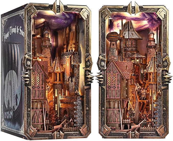 DIY Viking Book Nook Kit, Miniature House Dollhouse Kit for Adult and Teens, Booknook Bookend Tiny House Model Build Bookshelf Insert Decor 3D Wooden Puzzle, Gifts for Family, Friends