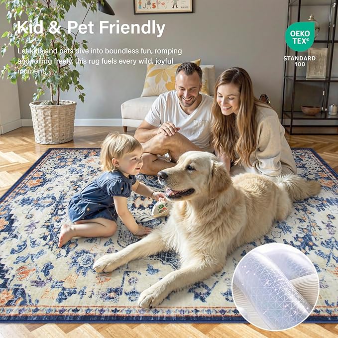 Lahome Bohemian Washable Round Rugs 6ft, Large Circle Rug for Living Room Bedroom, Soft Non-Slip Non-Shedding Loe Pile Printed Indoor Carpet for Kitchen Dining Room Office, Blue Purple/Multi