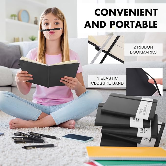 Aodaer 12 Set Lined Notebook Journals with Pens A5 Notebooks 100 GSM College Ruled Hardcover Notebook PU Leather Notepad with Pen Holder for Office School, 5.7 x 8.3 Inches, Black