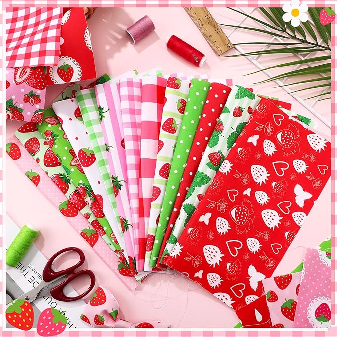 Ganeen 60 Pcs 10 x 10 Inch Strawberry Quilting Fabric Squares Multicolor Strawberry Printed Fabric Bundles Summer Fat Patchwork Precut Stripes for Summer Holiday Handmade Material Sewing DIY Crafts
