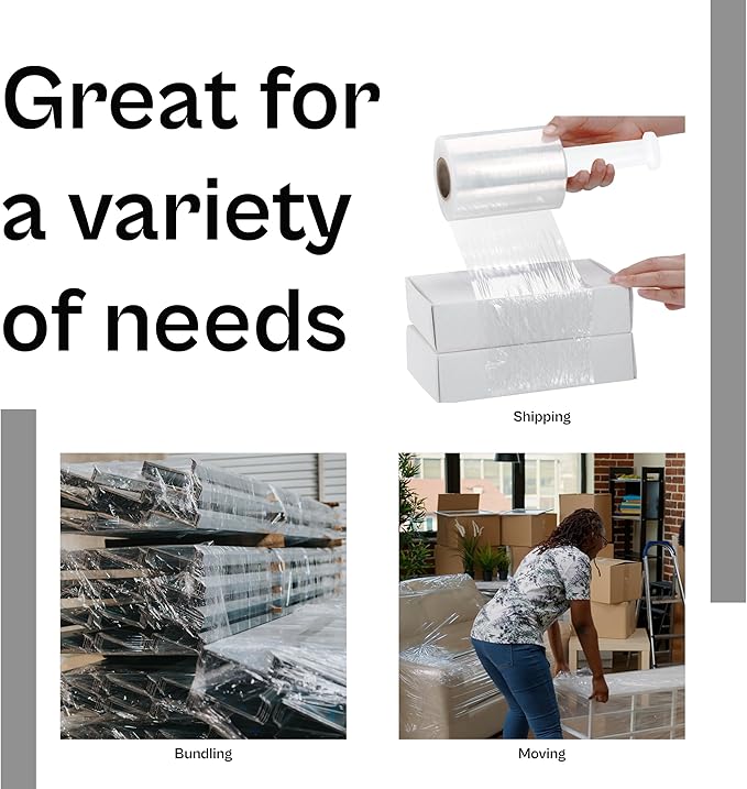 PSBM Mini Stretch Wrap with Handle, 18 Pack, 3 Inch x 700 Feet, 120 Gauge, Clear, Small Plastic Cling Film for Pallets Moving Storing