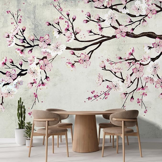 wall26 Wall Sticker/Wall Mural Watercolor Style Ink Painting Pink Cherry Blossom on Vintage, Not Peel and Stick, Non-Woven Wallpaper Decorative for Bedroom, Living Room, Office - 108x144 inches