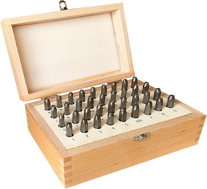 HimaPro Letter and Number Stamp Set 36pcs 40Cr Alloy Steel Metal Stamp Number & Letter Punch Set in a Wooden case (4mm 5/32 Inch)