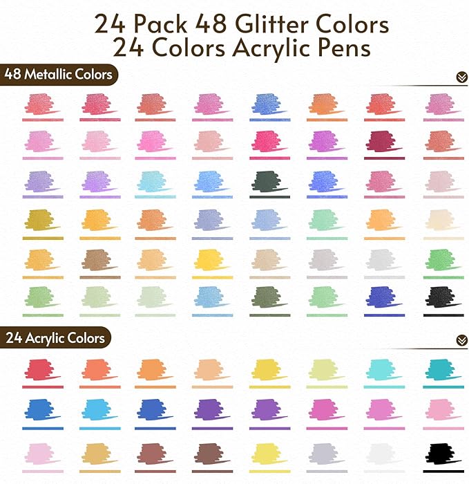 TOSAHRE 72 Colors Dual Tip Glitter Markers & Acrylic Marker Set Paint Pens 24 Pack+ Glitter Brush Marker 24 Pack (48 Colors) for Coloring Rock Wood Painting Scrapbooking Card Making & DIY (48 Pack)