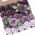 Floroom Artificial Flowers 25pcs Real Looking Plum Ombre Colors Foam Fake Roses with Stems for DIY Wedding Bouquets Bridal Shower Floral Centerpieces Party Tables Home Decorations