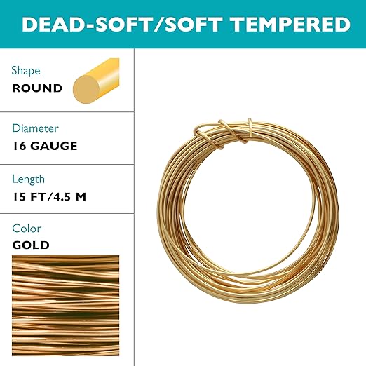 The Beadsmith Wire Elements Craft Wire – Tarnish Resistant, Soft Temper, Round, Gold Color – 1.3mm, 16 Gauge, 15 Foot Spool – Jewelry Making, Wire Wrapping, Floral, & Other DIY Crafts
