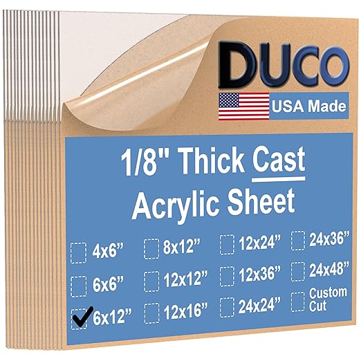 Duco USA-Made Clear Cast Acrylic Sheet 1/8 Inch Thick 6" x 12" - 16 Pack of Transparent Plexiglass Sheet - Lightweight Acrylic Board for Window Replacements, Displays, Signs, and More