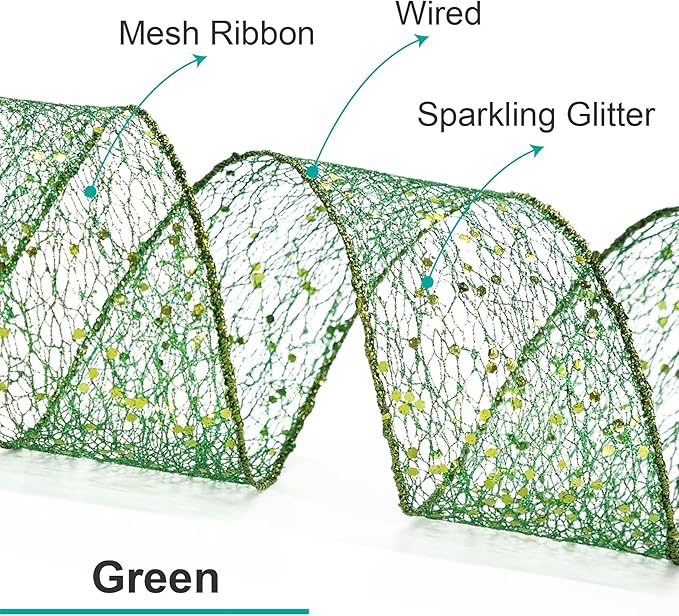 CT CRAFT LLC Sparkling Glitter Mesh Wired Ribbon 4" x 10 Yards Green for Christmas Home Decor Bow Gift Wrapping DIY Crafts Wreath