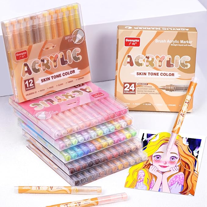 Guangna Acrylic Paint Markers 12 Colors, Skin Tone Series Set with Soft Brush Tip Water Based, Fine Tip Markers for Wood, Canvas, Rock Painting, Glass, Diy Crafts, Fabric Paint