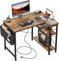 TIQLAB Small Computer Desk with Power Outlets, 40 Inch L Shaped Desk with Reversible Shelves, Gaming Desk Corner Desk Study Writing Desk for Home Office Bedroom Small Space, Rustic Brown