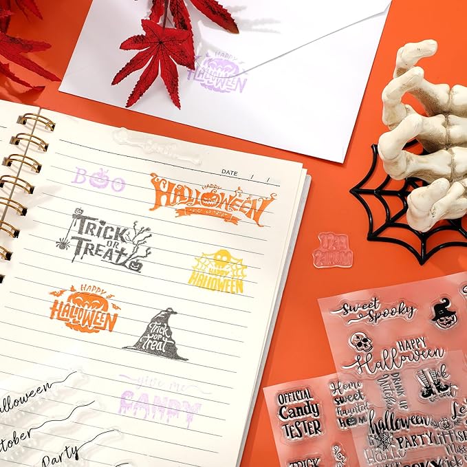 Whaline 4 Sheets Halloween Clear Stamps Greeting Words Pumpkin Bat Silicone Transparent Stamps Happy Halloween Stamp Cards for DIY Crafts Card Making Scrapbooking Embossing Album Decor