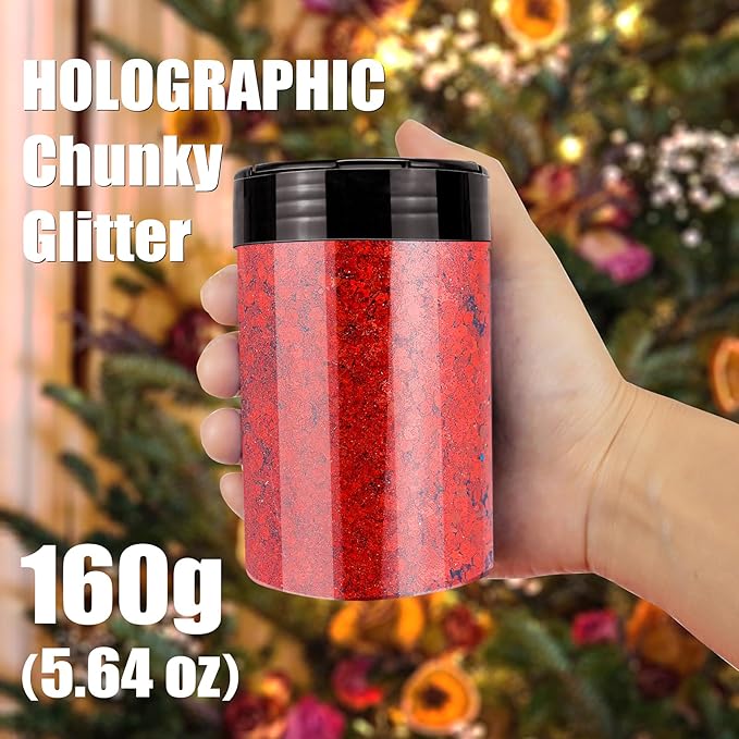 Estanoite Holographic Chunky Glitter, 160G/5.64OZ Glitter, Mixed Fine & Chunky Glitter for Epoxy Resin, Iridescent Glitter for Crafts Tumblers, Halloween Christmas Festival Painting Decor (Red)