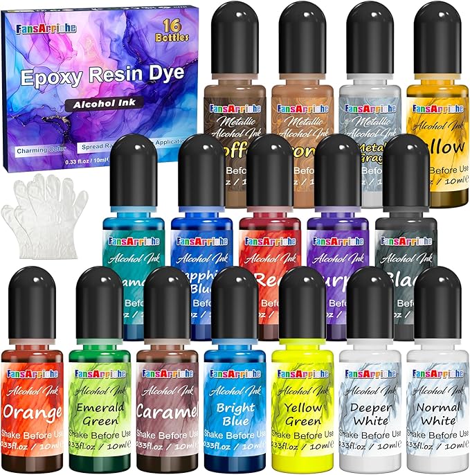 FansArriche Alcohol Inks for Resin, 16 Colors High Concentrated Alcohol Ink Set for Epoxy Resin, Alcohol-Based Resin Ink for Coasters, Fluid Painting Crafts, Tumbler Making, 10 ml Each
