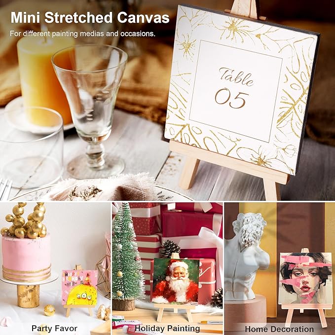 AUREUO Mini Canvas and Easel Set - 3x3 Inch/ 12 Pack - 2/5 Inch Profile Small Square Canvas with Display Stand - Art Gift Set Bulk Pack Canvases for Acrylic Painting & Craft