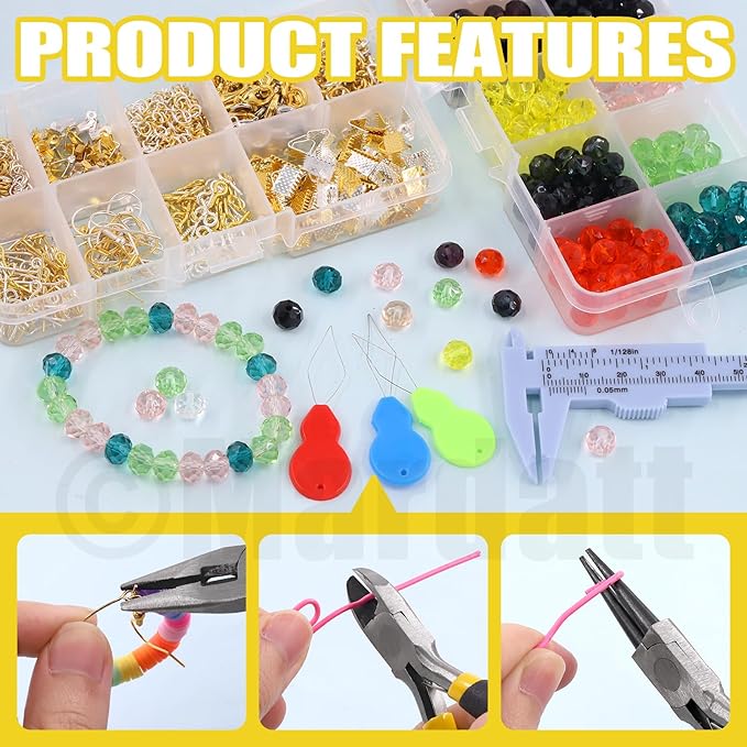 Mardatt 1250Pcs Jewelry Making Supplies Kit Includes 10 Colors 8mm Crystal Beads, Jewelry Pliers, Wires, Jump Ring Opener, Tweezers, Awl, Thimble Ring Jewellry Accessories for Jewellry Repair