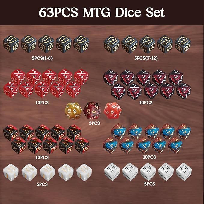 63 Pieces MTG Dice Counters Bulk Ability Keywords MTG Tokens Shield Life Counter 6 Sided Dice Set for MTG,TCG,Cards Gaming Accessories