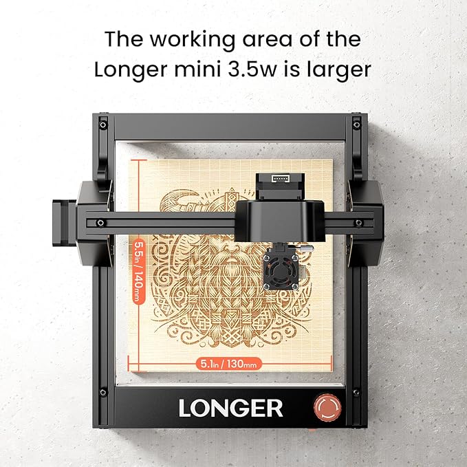 LONGER Ray5 mini Laser Engraver, 32-Bit High-Speed 12000mm/min, 0.04mm Compressed Spot, WiFi APP Control, 130×140mm Engraving Area, Eye Protection, for Wood, Acrylic, Paper (3.5W)