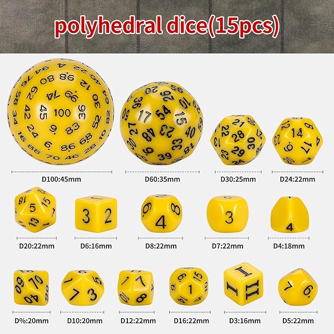 CiaraQ DND Polyhedral Dice Set (15pcs) D4-D100 Game Dice with Dice Bag for Dungeons and Dragons Role Playing Table Games (Yellow & Black)