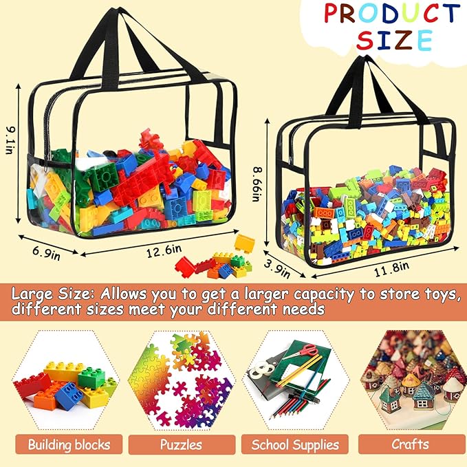6 Packs Large Toy Storage Bags with Labels, Reusable Clear PVC Board Game Storage, Travel Waterproof Organizer Bags with Zipper for Building Blocks, Puzzle, Kids Books(3 large & 3 Extra Large)