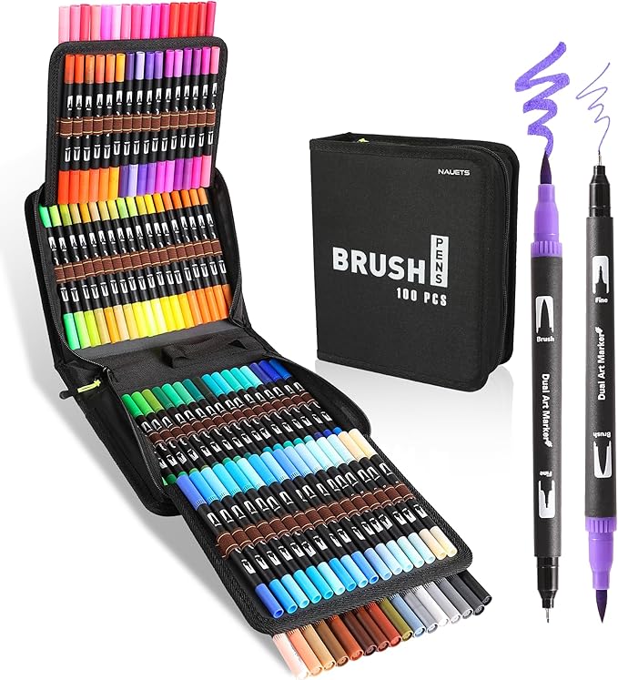 nauets 100 Colors Brush & Fine Dual Tip Watercolor Markers Set for Kids Adults Coloring Books No Bleeding Paint Pens For Drawing Note taking Planner Calligraphy Journaling Card Making Art Supplies