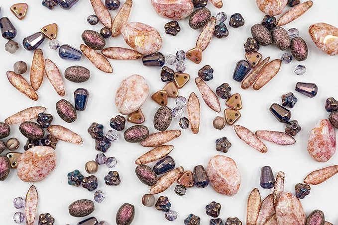 2.1oz (60 g) Mix of Unique Czech Bohemia Glass Pressed Beads, Matte and Glossy, Hand Made, Antique Copper Pink