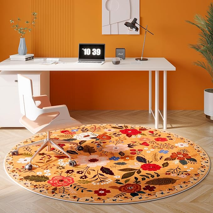 Rugcomf Round Rug 6ft Washable Circle Rug Non Slip Low Pile Boho Floral Small Circular Rug for Bedroom, Bathroom, Entryway, Kids Room, Office, College Dorm(Yellow)