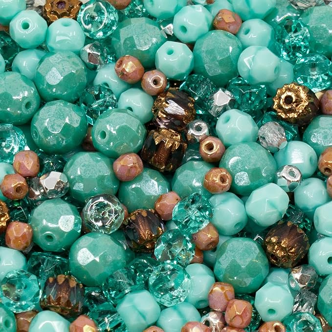 0.9 oz (25g) Gentle Mix of Faceted Fire Polished Czech Glass Beads (Round, Rondelle etc) 4-9mm, Teal Turquoise