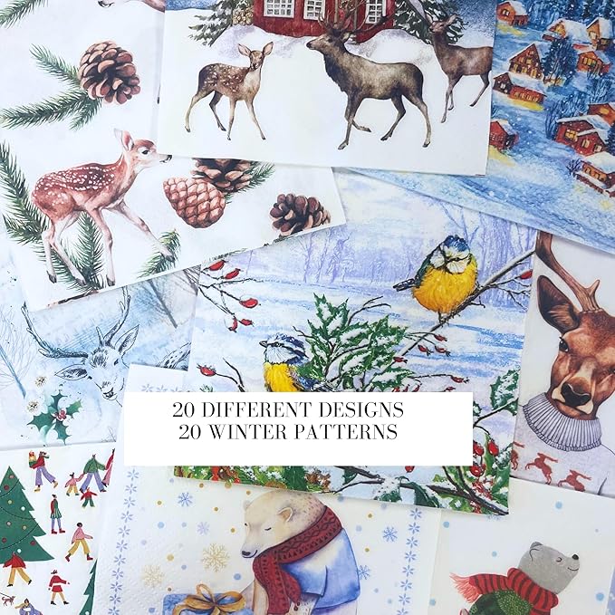 Mystery Pack Decoupage Paper Napkins, 20-ct Assorted Surprise Napkins, Decorative Napkins for Art Craft Junk Journal, Scrapbooking, 20 Different Winter Designs