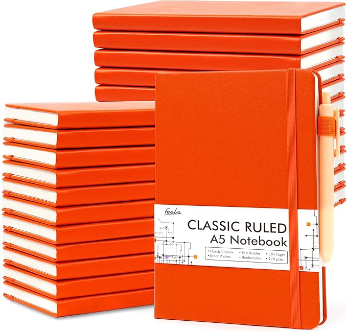 feela 24 Pack Journal Notebook for Work, Business Notebook Bulk Hardcover Lined Writing Journal with Pen Holder for Men Women Note Taking, with 24 Black Pens, 120 GSM, 5.1”x8.3”, A5, Orange