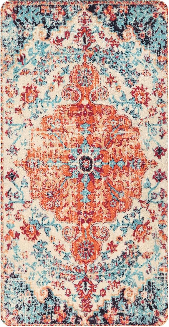 Lahome Bohemian Floral Medallion Runner Rug - 2x4 Washable Laundry Room Hallyway Runner Rug Doormat,Oriental Distressed Faux Wool Non-Slip Bath Mat Low-Pile Carpet for Kitchen Bathroom Entryway,Orange