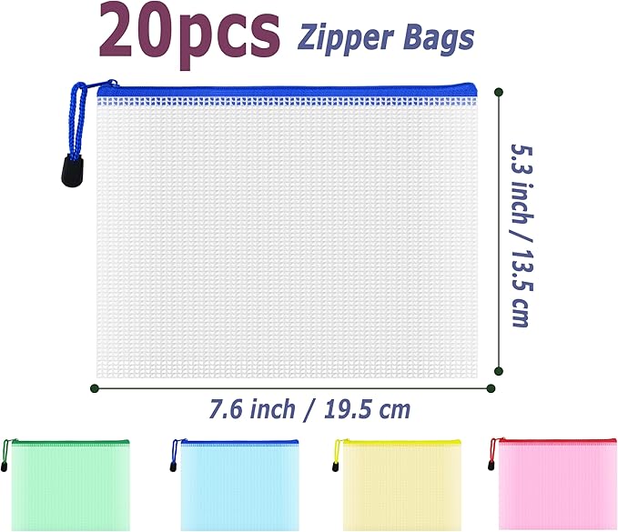 AUSTARK 20 Pcs Zipper File Bags, Plastic Mesh Pouch, Board Game Storage Bag, Waterproof Bags for Office School (B6 Size 7.6''x5.3'', Multicolored)