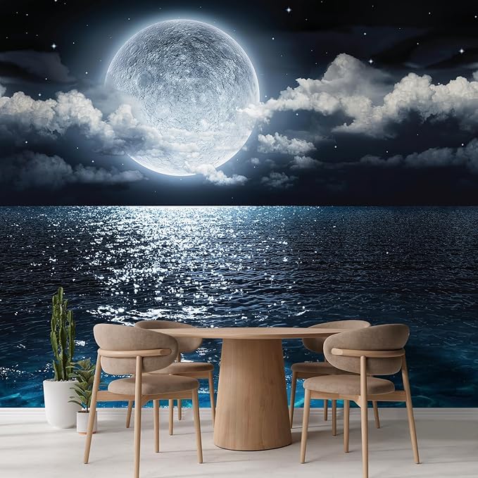 wall26 Wall Sticker/Wall Mural Sea Under Moonlight, Not Peel and Stick, Non-Woven Wallpaper Decorative for Bedroom, Living Room, Office - 132x192 inches