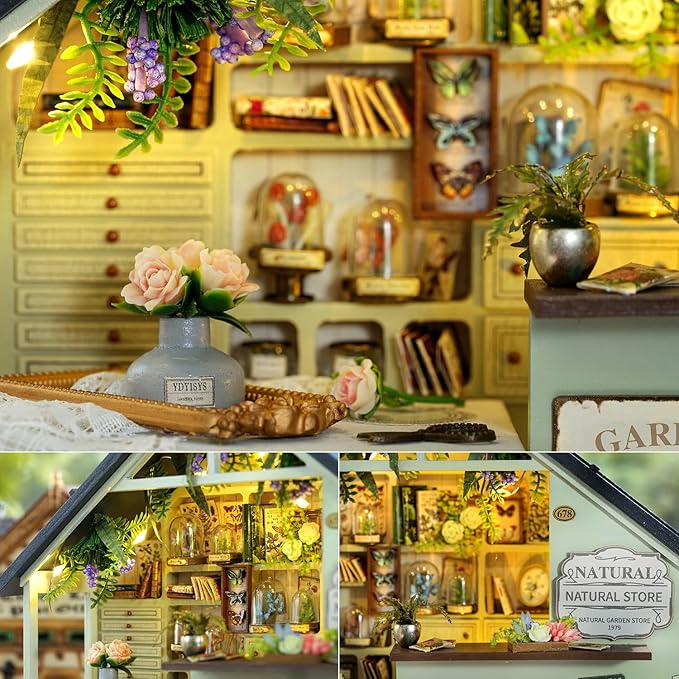 TuKIIE DIY Miniature House Kit with Furniture, 1:24 Scale Creative Room Mini Wooden Dollhouse Book Nook Plus Dust Proof & Music Movement for Kids Teens Adults(Plants Studio)