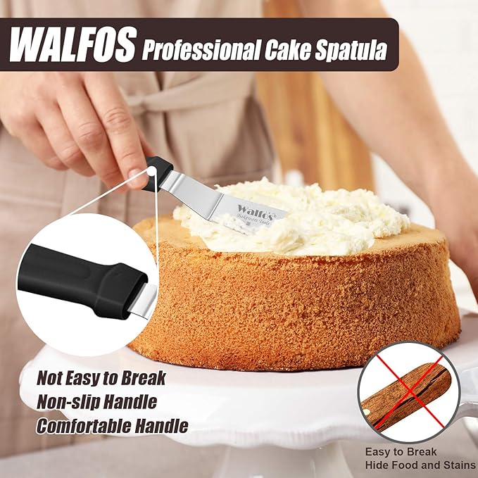 Walfos Icing Spatula, Stainless Steel Cake Spatula with Sturdy and Durable Handle Cake Decorating Spatula - Multi purpose Use for Home, Kitchen or Bakery (6” Angled + 8" Straight)…