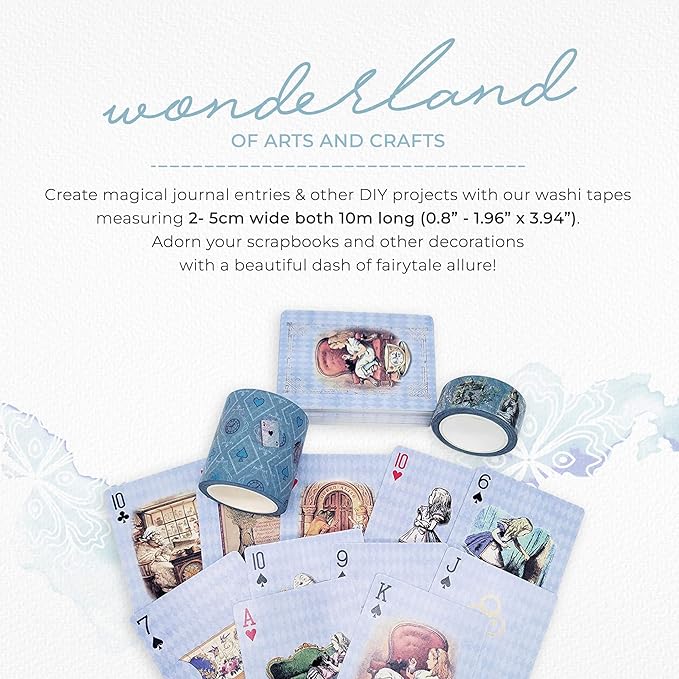 Blue Alice Adventures in Wonderland Playing Cards & Washi Tape Set - Stickers, Scrapbook Supplies, Crafts, Planner Accessories, Party Decor, Waterproof Card Games for Adults, Kids, Family & Travel