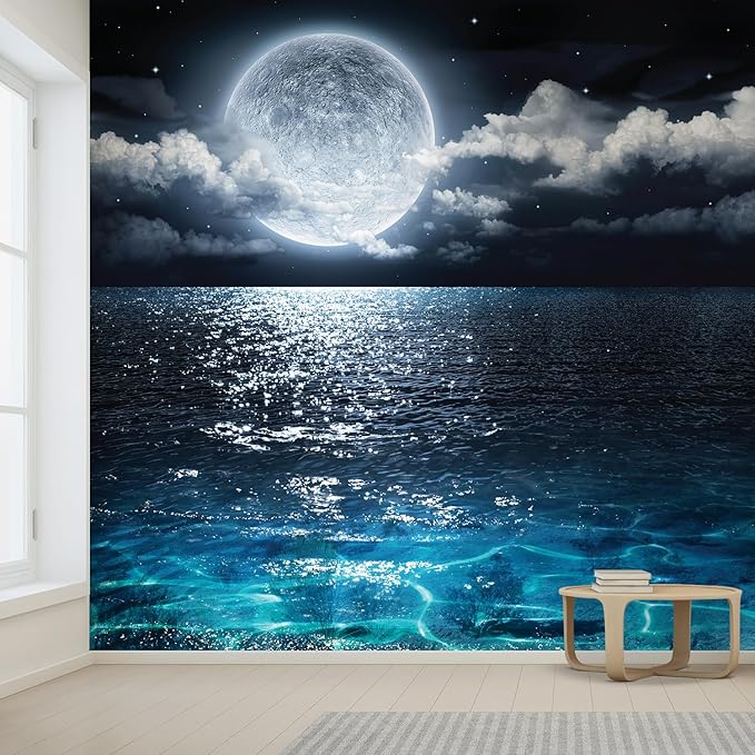 wall26 Wall Sticker/Wall Mural Sea Under Moonlight, Not Peel and Stick, Non-Woven Wallpaper Decorative for Bedroom, Living Room, Office - 132x192 inches