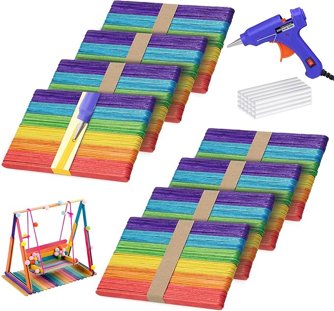 6 inch Colored Wooden Sticks Kits, 400PCS Colorful Rainbow Sticks with Hot Glue Gun and Sticks for Craft Home Popsicle Decoration Project Building Model Kid Classroom Art Craft Supplies