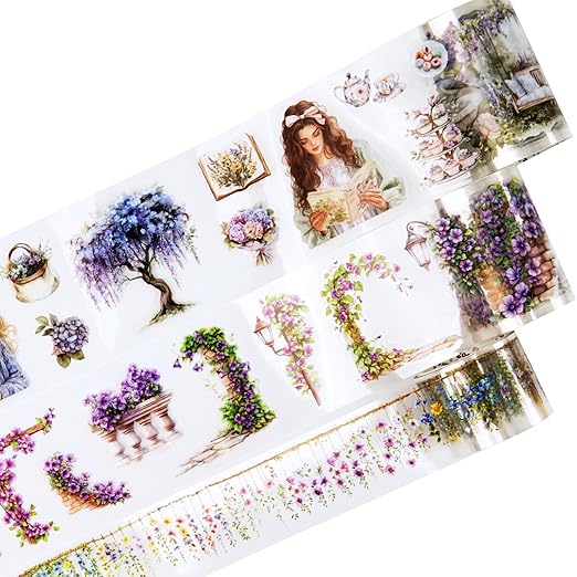Wisteria Garden PET Tape Set, 3 Rolls of Pre-Cut Floral Vine Stickers for Scrapbooking, Journaling, DIY Crafts, and Collage Decoration (30mm/50mm/55mm)