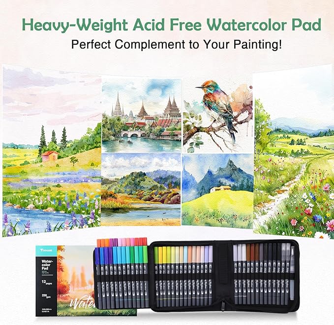 Watercolor Pens Set, 48-Color Dual Tip Paint Markers, Water-Based Coloring Markers with 1 Aquapen, 2 Colorless Blenders, 1 Black Marker, and 12-Page Pad, Paint Supply for Artists & Beginners