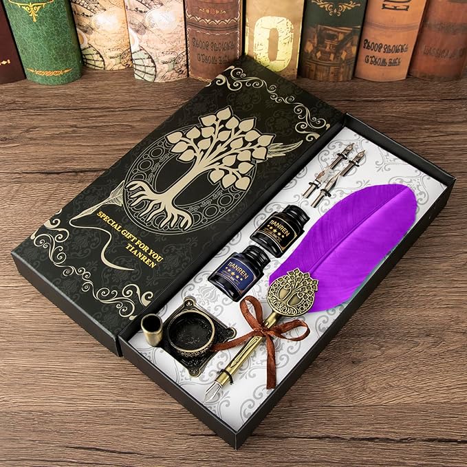Quill pen ink set,Feather Pen and Ink Set,Antique Calligraphy Pen with 4 Replaceable Nibs,2 Bottle of ink,Feather Dip Pen Holder Christmas Gift for Men&Women.(Purple)