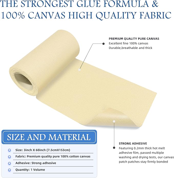 KING MOUNTAIN Canvas Iron on Patch,3"×60",Waterproof 100% Cotton Fabric Repair Patch,Used for Various Sofa,Tent,Clothes,Seats,Suitcases ( Beige 3.0)