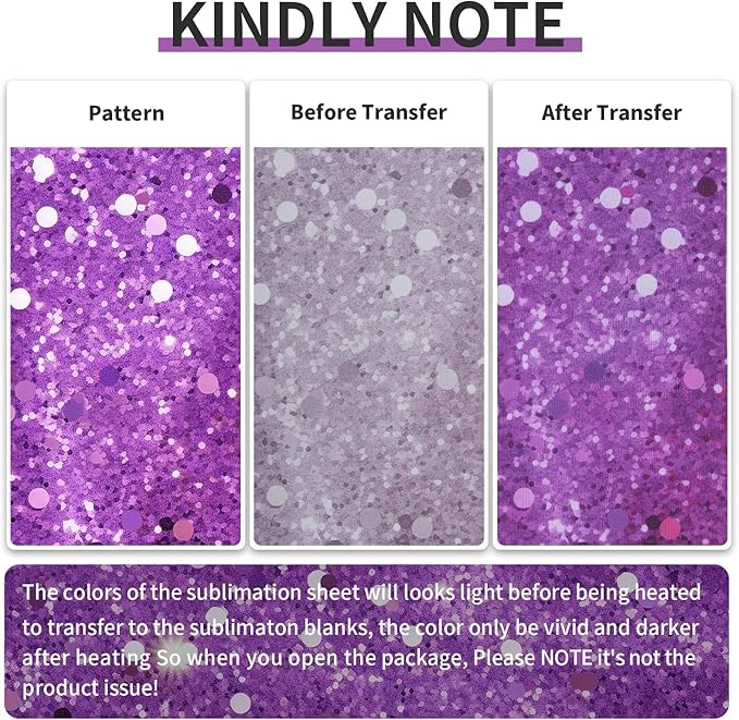 Sublimation Transfer Sheets for Tumblers Blanks Tshirts,Purple Glitter Sublimation Transfer Paper for Heat Press Machine,8pcs,12x12