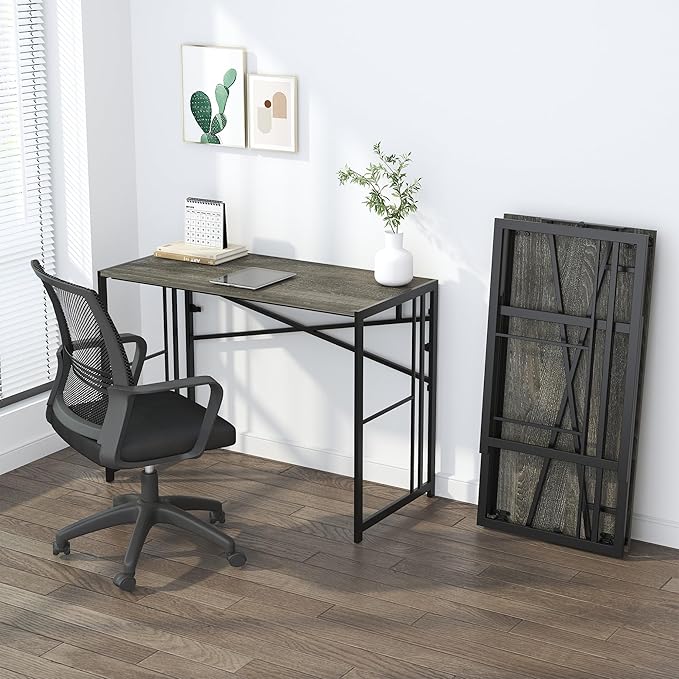 35 inch Narrow Folding Desk, Writing Gaming Computer Camping Desk for Small Spaces, No Assembly Required Home Office Table, Black Oak