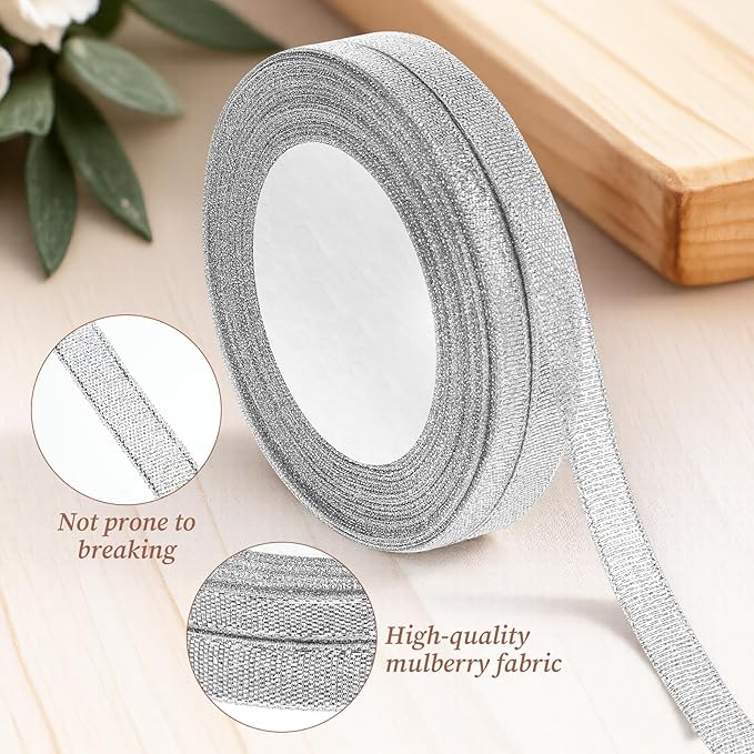 3/8 Inch Silver Glitter Ribbon 50yard (2rolls) Sparkly Metallic Fabric Ribbons Silver Organza Shimmer Sheer Ribbon for Gifts DIY Party Wrapping Wedding Decoration and Crafts