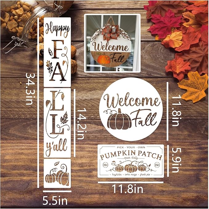 14 Pieces Fall Stencils for Painting on Wood Reusable Hello Pumpkin Stencil Plastic Hello Fall Drawing Templates for Wood Porch Sign Canvas Crafts (14 Porch Fall)