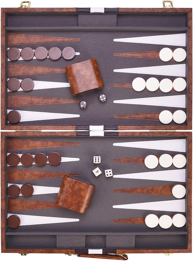 AMEROUS Backgammon Set, 18 Inches Classic Board Game withLeather Case, Folding Board, Gift Package, Portable Travel Strategy Backgammon Game Set for Adults, Kids (Large, Brown)