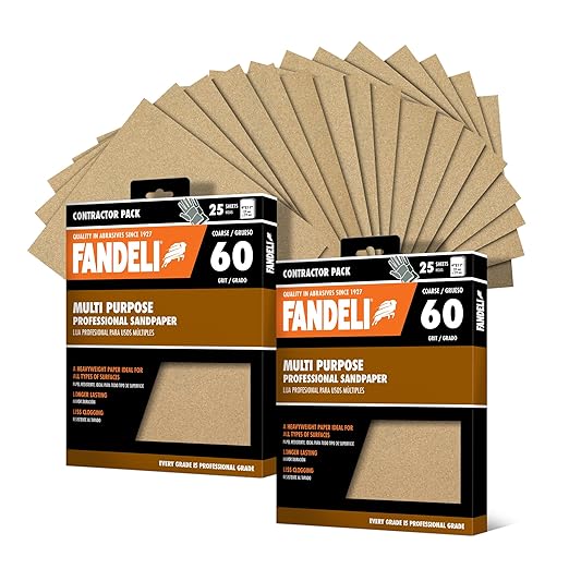 Fandeli Multi-Purpose Sandpaper - 60 Grit, 50 Sheets of 9'' x 11'' - Ideal for Metal, Wood & Wall Sanding - Compatible with Orbital Sanders