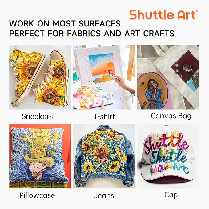 Shuttle Art Fabric Paint, 18 Colors Permanent Soft Fabric Paint in Bottles (60ml/2oz) with Brushes, Palette, Stencils, Non-Toxic Textile Paint for T-Shirts, Shoes, Jeans, Bags, DIY Projects&Art