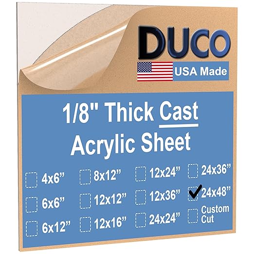 Duco USA-Made Clear Cast Acrylic Sheet 1/8 Inch Thick 24" x 48" - 1 Pack of Transparent Plexiglass Sheet - Lightweight Acrylic Board for Window Replacements, Displays, Signs, and More